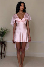 Load image into Gallery viewer, White Satin Homecoming Dress with Deep V-Neck and Flowy Sheer Sleeves