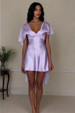 Load image into Gallery viewer, White Satin Homecoming Dress with Deep V-Neck and Flowy Sheer Sleeves