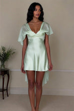 Load image into Gallery viewer, White Satin Homecoming Dress with Deep V-Neck and Flowy Sheer Sleeves