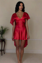 Load image into Gallery viewer, White Satin Homecoming Dress with Deep V-Neck and Flowy Sheer Sleeves