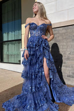 Load image into Gallery viewer, Stunning Glitter A-Line Off The Shoulder Long Tiered Prom Dress With Split