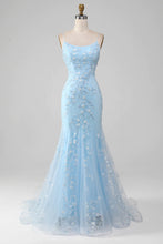 Load image into Gallery viewer, Sparkly Light Blue Mermaid Lace Up Long Prom Dress With Sequined Appliques