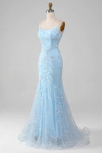 Load image into Gallery viewer, Sparkly Light Blue Mermaid Lace Up Long Prom Dress With Sequined Appliques
