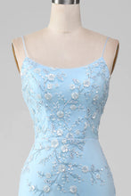 Load image into Gallery viewer, Sparkly Light Blue Mermaid Lace Up Long Prom Dress With Sequined Appliques