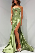 Load image into Gallery viewer, Satin Mermaid Strapless Long Prom Dress With Split