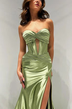 Load image into Gallery viewer, Satin Mermaid Strapless Long Prom Dress With Split