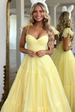 Load image into Gallery viewer, Yellow A-Line Tie Spaghetti Straps Long Tulle Prom Dress