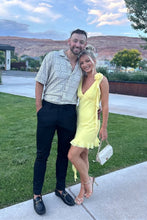 Load image into Gallery viewer, Yellow Asymmetrical Ruffle Hem Homecoming Dress with Floral Shoulder Detail