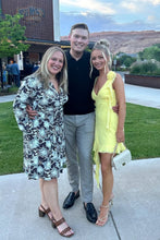 Load image into Gallery viewer, Yellow Asymmetrical Ruffle Hem Homecoming Dress with Floral Shoulder Detail