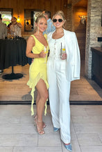Load image into Gallery viewer, Yellow Asymmetrical Ruffle Hem Homecoming Dress with Floral Shoulder Detail