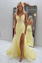 Load image into Gallery viewer, Gorgeous Mermaid Spaghetti Straps Yellow Lace Prom Dress with Appliques
