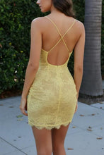 Load image into Gallery viewer, Gorgeous Sheath Spaghetti Straps Yellow Corset Homecoming Dress with Lace