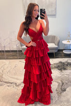 Load image into Gallery viewer, Red A-Line Spaghetti Straps Waist Hollow Long Tiered Satin Prom Dress