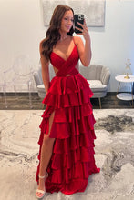 Load image into Gallery viewer, Red A-Line Spaghetti Straps Waist Hollow Long Tiered Satin Prom Dress