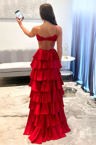 Red A-Line Spaghetti Straps Waist Hollow Long Tiered Satin Prom Dress