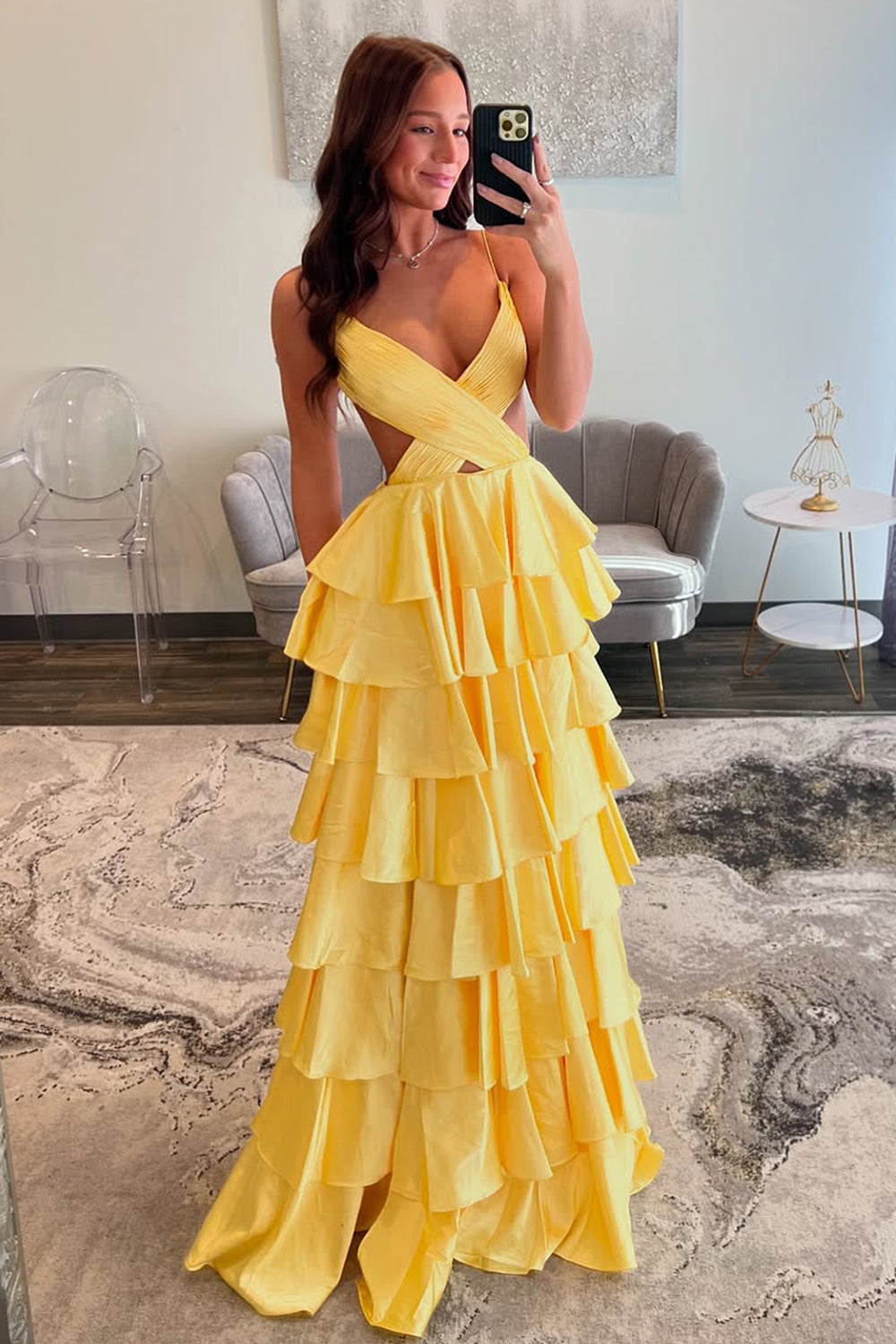 Red A-Line Spaghetti Straps Waist Hollow Long Tiered Satin Prom Dress
