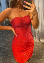 Load image into Gallery viewer, Glitter Rhinestones Strapless Short Red Homecoming Dress Party Dress