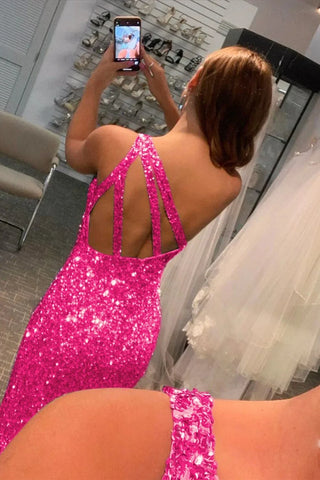 Hot Pink Mermaid Glitter One-Shoulder Backless Prom Dress With Sequins