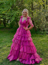 Load image into Gallery viewer, Cute Pink Princess A Line Deep V-Neck Long Tiered Prom Dress With Split