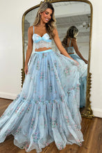 Load image into Gallery viewer, Pretty Two Piece Spaghetti Straps Blue Long Prom Dress with Lace Ruffles