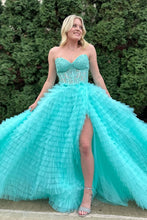 Load image into Gallery viewer, Charming A Line Sweetheart Blue Corset Prom Dress with Appliques