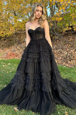Princess A Line Sweetheart Black Corset Prom Dress with Ruffles