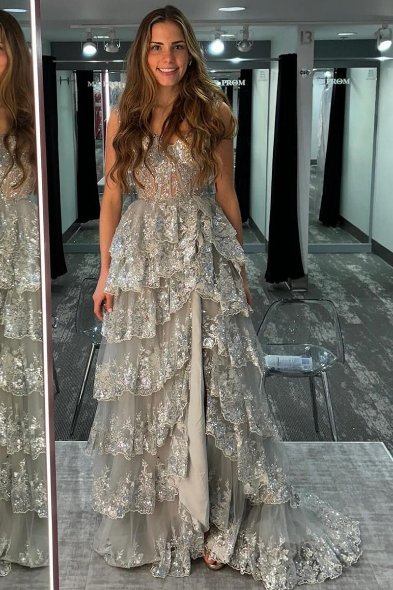 Luuvis Princess A Line Sweetheart Silver Corset Prom Dress with Lace