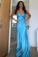 Load image into Gallery viewer, Stylish Sheath Spaghetti Straps Blue Long Prom Dress with Backless