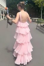 Load image into Gallery viewer, Princess A Line Halter Neck Pink Long Prom Dress with Ruffles