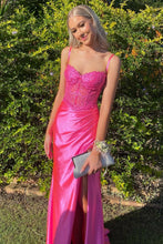 Load image into Gallery viewer, Gorgeous Mermaid Spaghetti Straps Fuchsia Long Prom Dress with Appliques