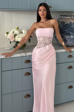 Load image into Gallery viewer, Stylish Sheath Strapless Pink Long Prom Dress with Lace