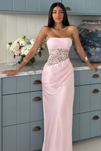 Load image into Gallery viewer, Stylish Sheath Strapless Pink Long Prom Dress with Lace