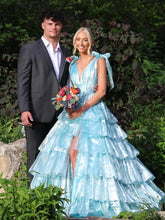 Load image into Gallery viewer, Cute Pink Princess A Line Deep V-Neck Long Tiered Prom Dress With Split