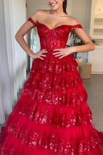 Load image into Gallery viewer, Gorgeous Gold A-Line Off The Shoulder Lace Up Long Prom Dress with Sequin