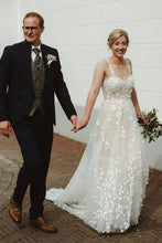 Load image into Gallery viewer, Beautiful A Line Spaghetti Straps White Tulle Wedding Dress with Appliques