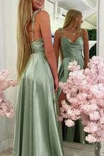 Load image into Gallery viewer, Simple A Line Spaghetti Straps Light Green Long Prom Dress with Silt