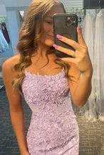 Load image into Gallery viewer, Sheath Spaghetti Straps Purple Short Homecoming Dress with Appliques