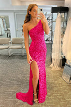 Load image into Gallery viewer, Sheath One Shoulder Fuchsia Sequins Long Prom Dress with Split Front