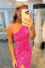 Load image into Gallery viewer, Sheath One Shoulder Fuchsia Sequins Long Prom Dress with Split Front