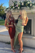 Load image into Gallery viewer, Sheath Spaghetti Straps Green Long Prom Dress with Split Front