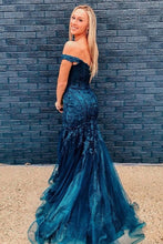 Load image into Gallery viewer, Mermaid Off the Shoulder Navy Long Prom Dress with Appliques