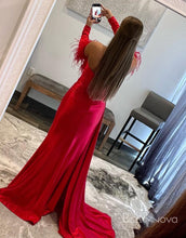 Load image into Gallery viewer, Sexy V Neck Red Satin Long Sleeve Prom Dress