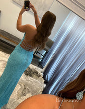 Load image into Gallery viewer, Sexy V Neck Blue Spaghetti Straps Prom Dress With Sequins