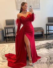 Load image into Gallery viewer, Sexy V Neck Red Satin Long Sleeve Prom Dress
