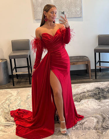 Sexy V Neck Red Satin Long Sleeve Prom Dress