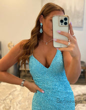 Load image into Gallery viewer, Sexy V Neck Blue Spaghetti Straps Prom Dress With Sequins