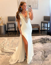 Load image into Gallery viewer, Deep V Neck Ruby Chiffon Long Prom Dress Evening Dress