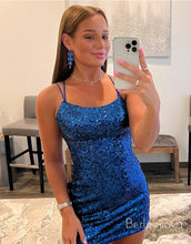 Load image into Gallery viewer, Sexy Double Straps Royal Blue Sequins Mesh Short Homecoming Dress