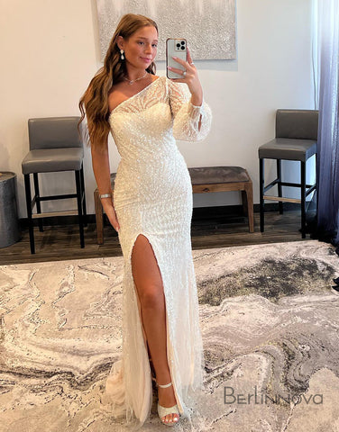 Sexy One-Shoulder Embroidery Prom Dress With Split
