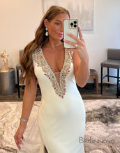 Load image into Gallery viewer, Deep V Neck Ruby Chiffon Long Prom Dress Evening Dress